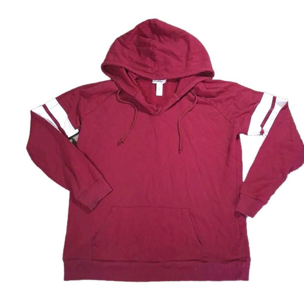 JUST BE HOODIE WOMENS LARGE BURGUNDY WHITE STRIPED SWEATSHIRT PULLOVER V NECK L